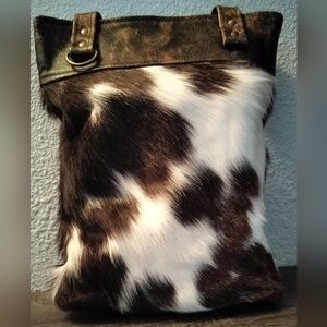 Stylish Cowhide Boho Tote Bag - Brown and White